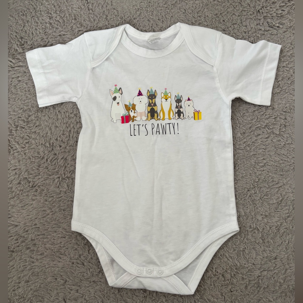 White Baby Bodysuit with Party Puppy Design for Birthday